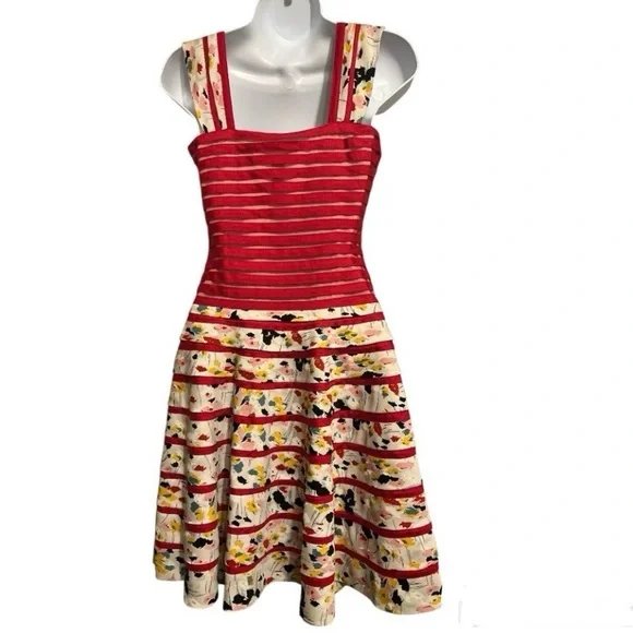 Diane von Furstenberg Silk Fit & Flare Dress | Red & Floral Stripe | Size 0 - Picture 2 of 11